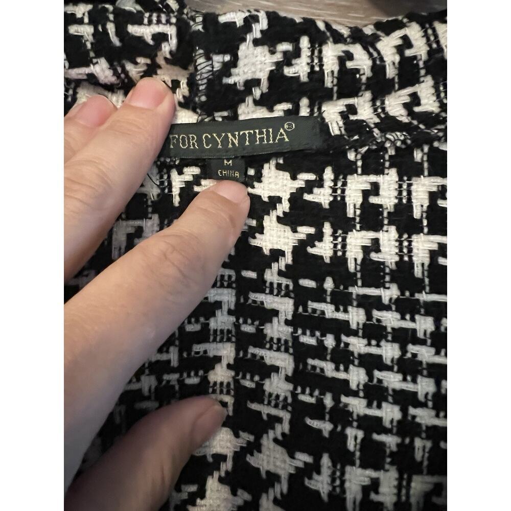 For Cynthia jacket Fringe Sz M Houndstooth Hooded Pockets Black White Classic - Picture 2 of 9